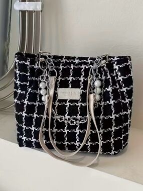 Black & White Tweed Shoulder Bag with Chain & Pearl Accents